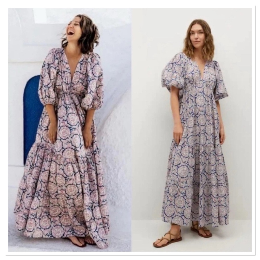 Chufy x Mango Collab Voluminous Floral Maxi Dress Sz 4 Oversized Cotton Blend